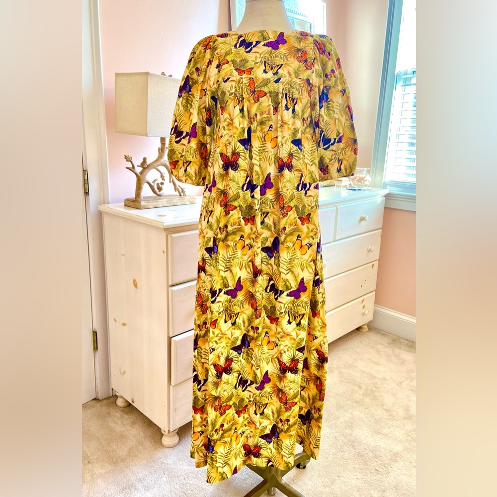 Vintage Butterfly Print Smock Maxi Dress Kaftan